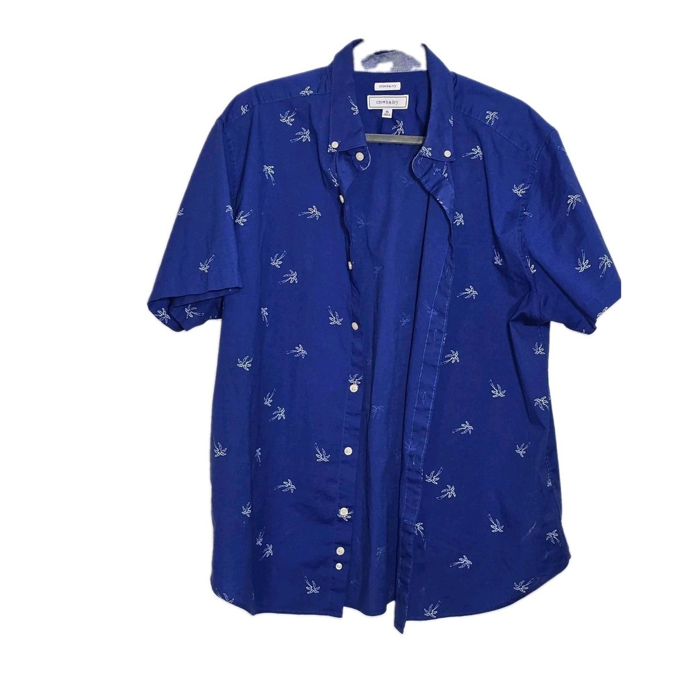 Crown & Ivy Men’s XL Blue Palm Tree Print Short Sleeve Button Shirt